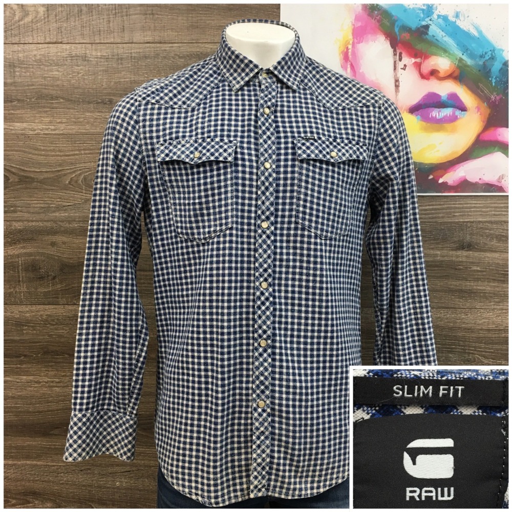 G-Star Raw 3301 Slim Navy Gingham Western Snap Shirt Mens‎ XL D10140-A146-9583